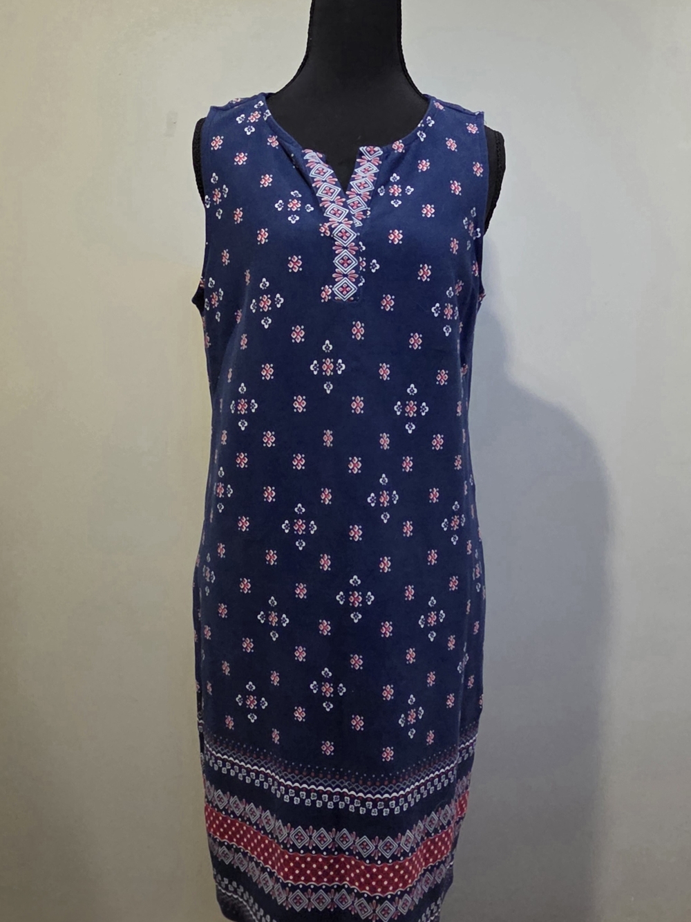 Talbots Navy Sleeveless Dress with Red & White Geometric Print
